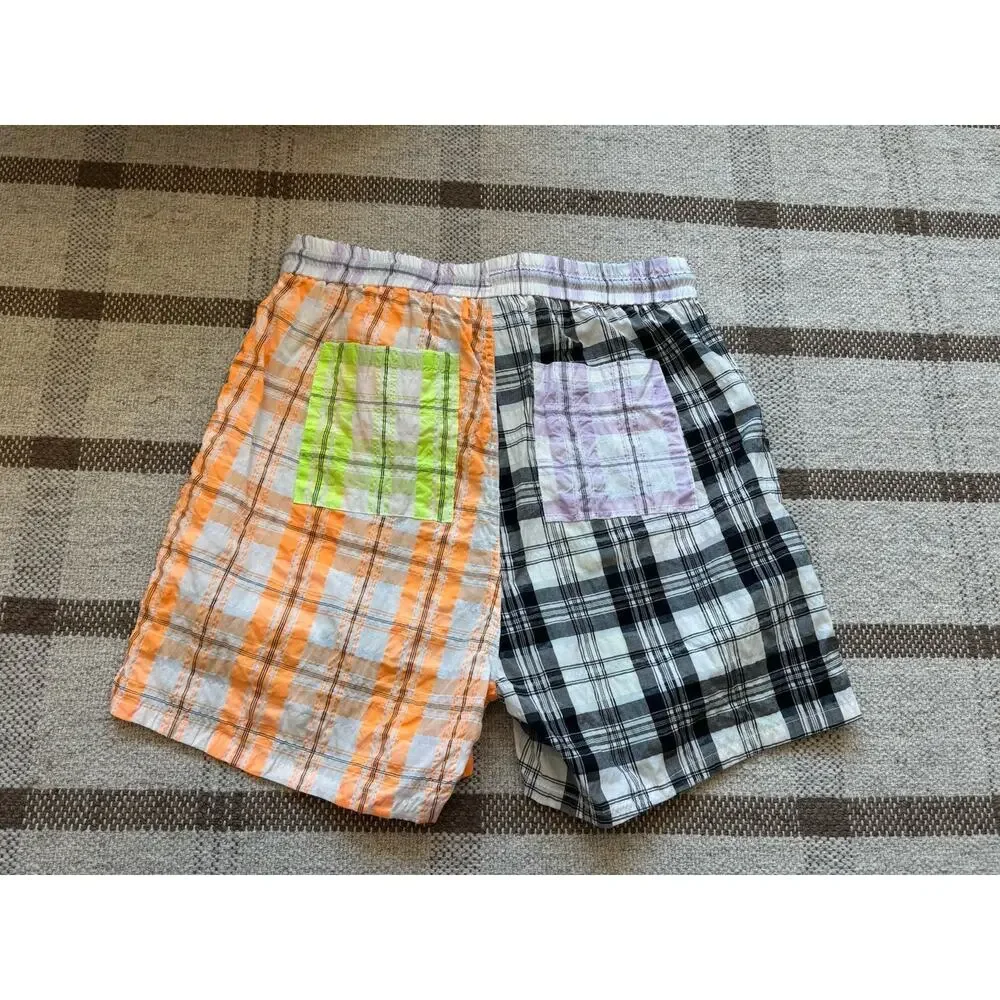 Teddy Fresh Plaid Patchwork Shorts Men’s Medium Neon Streetwear Unisex